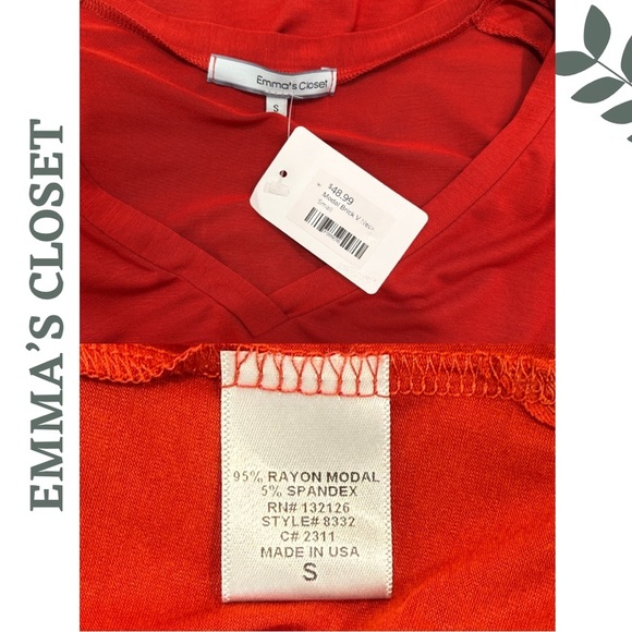 Emma’s Closet Tomato Red V-Neck Tunic T-Shirt Short Sleeve Rayon Blend Small - Picture 6 of 6